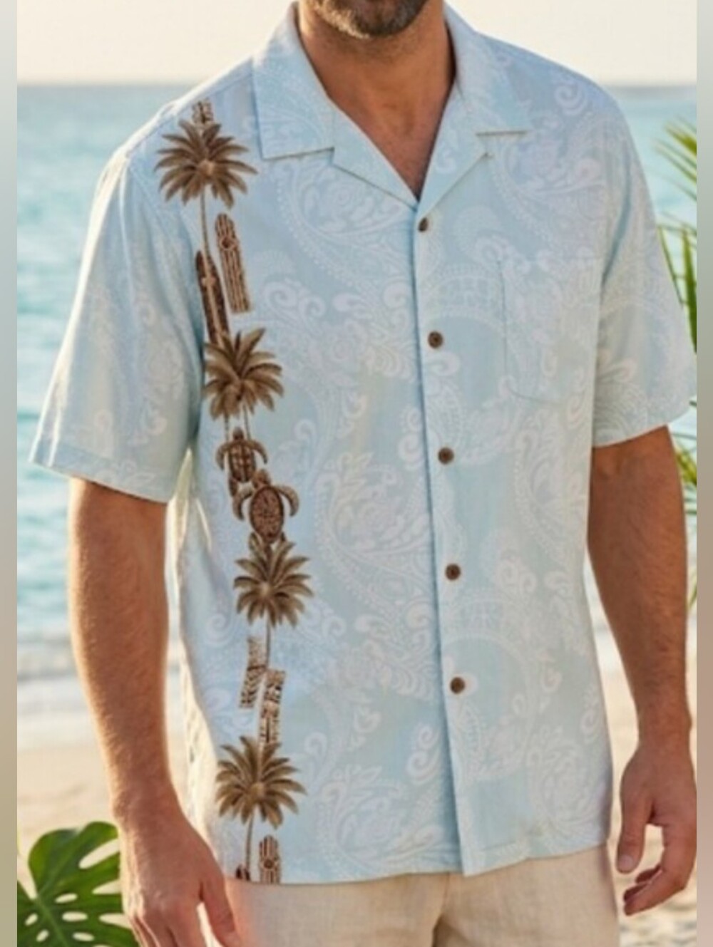 Casual Pale Blue Paisley Camp Shirt with Brown Palm Stripe - Croft & Barrow